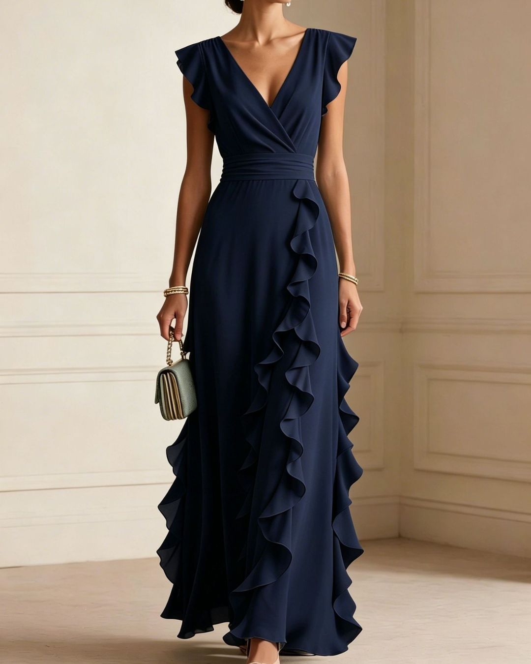 Vyla™ Ruffled V Neck Elegant Slit Maxi Dress