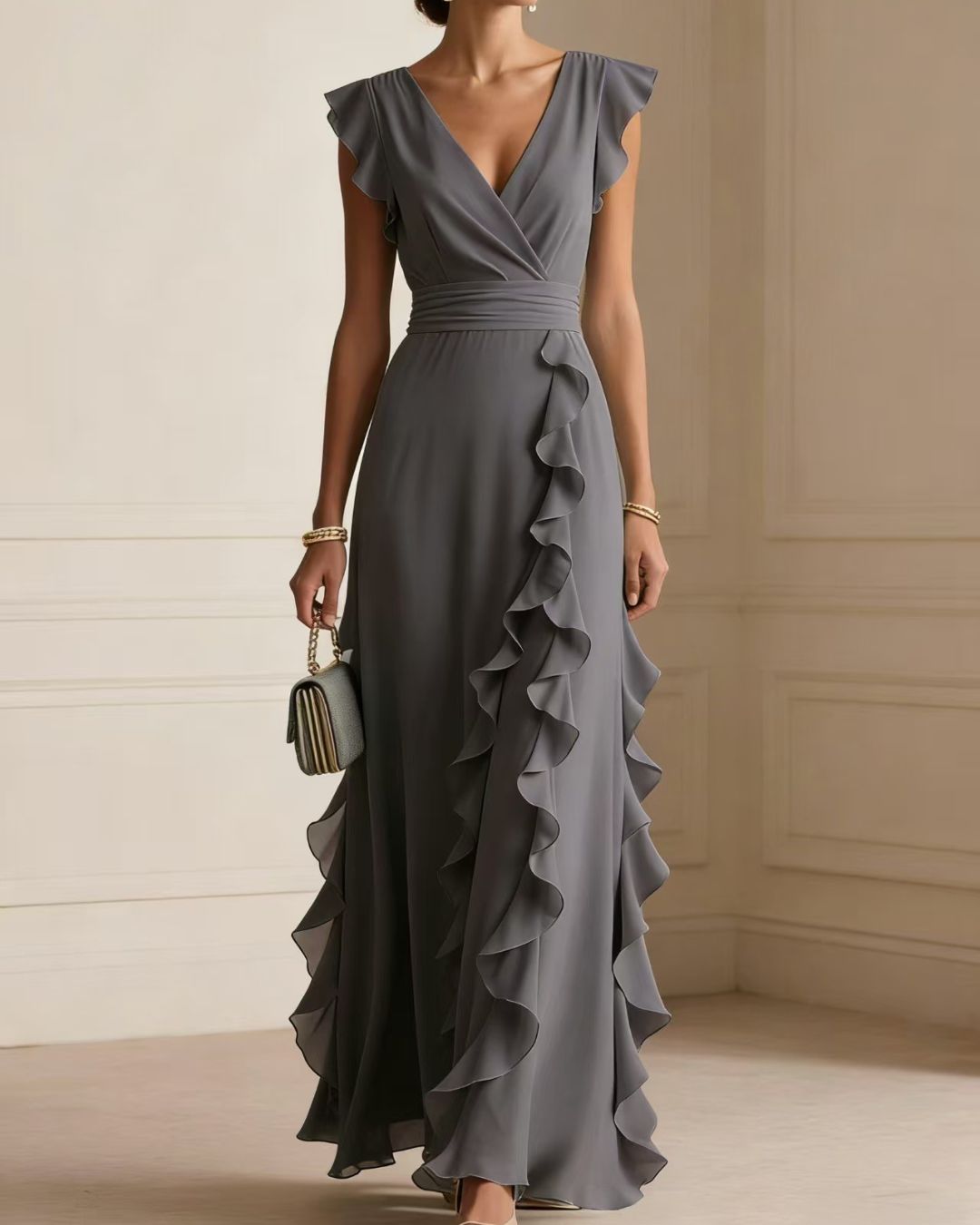Vyla™ Ruffled V Neck Elegant Slit Maxi Dress