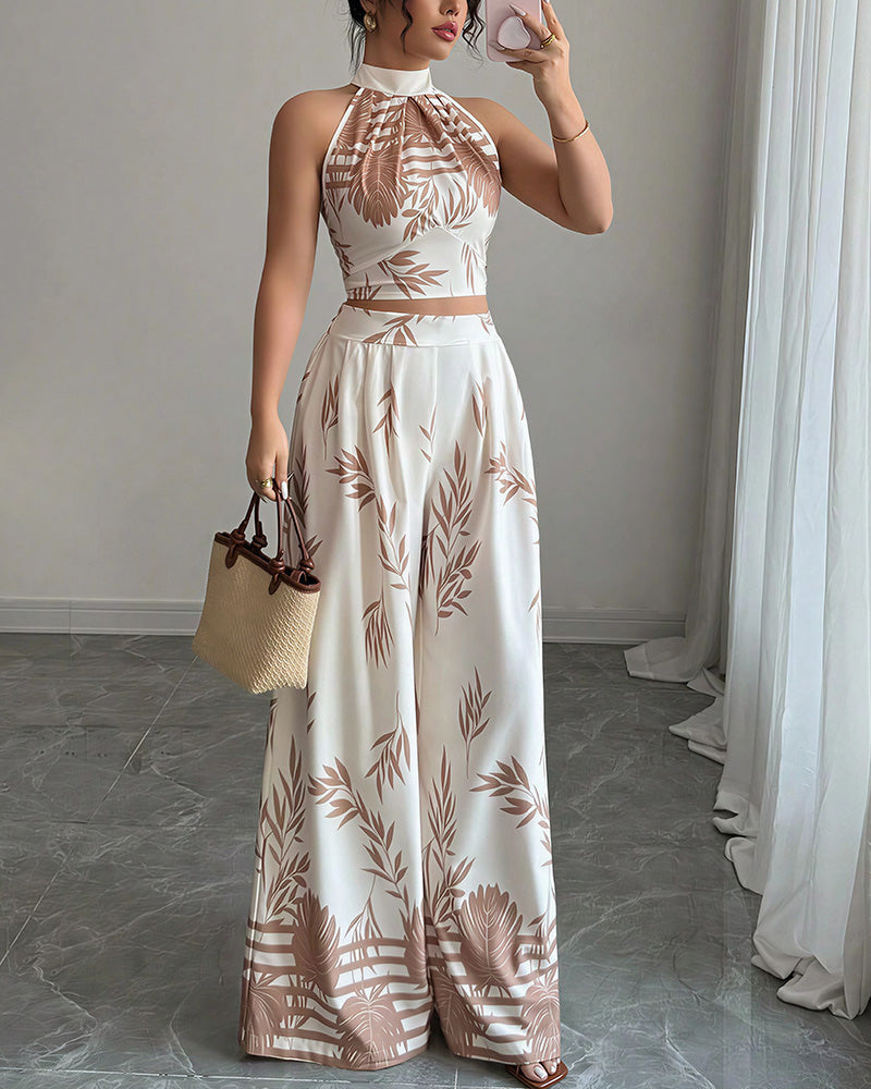 Vyla™ Botanical Halter Open-Back Wide Leg Two-Piece Set