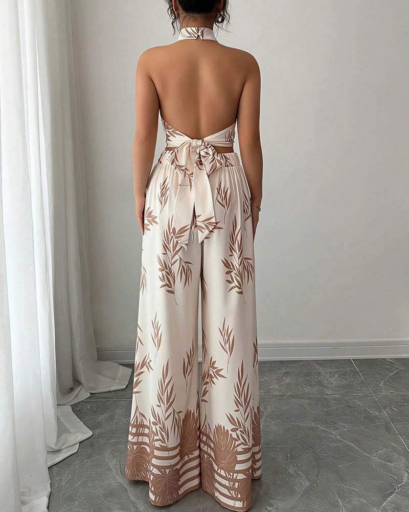 Vyla™ Botanical Halter Open-Back Wide Leg Two-Piece Set