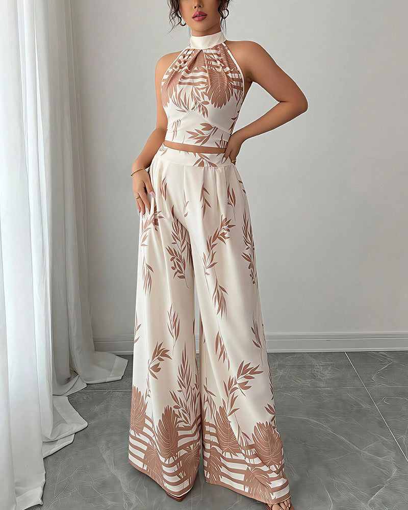 Vyla™ Botanical Halter Open-Back Wide Leg Two-Piece Set