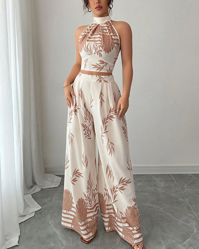 Vyla™ Botanical Halter Open-Back Wide Leg Two-Piece Set