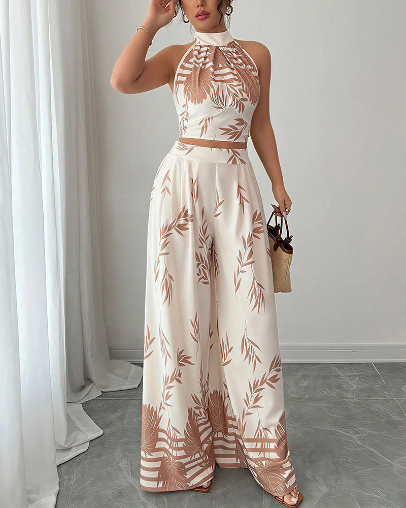 Vyla™ Botanical Halter Open-Back Wide Leg Two-Piece Set
