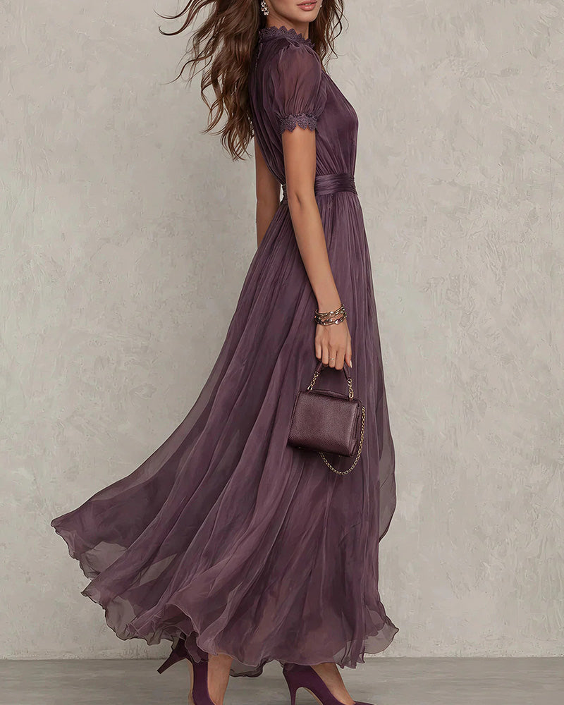 Vyla™ Romantic Lace-Trimmed Double Mesh Maxi Dress
