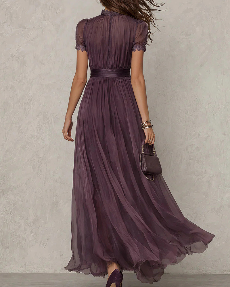 Vyla™ Romantic Lace-Trimmed Double Mesh Maxi Dress