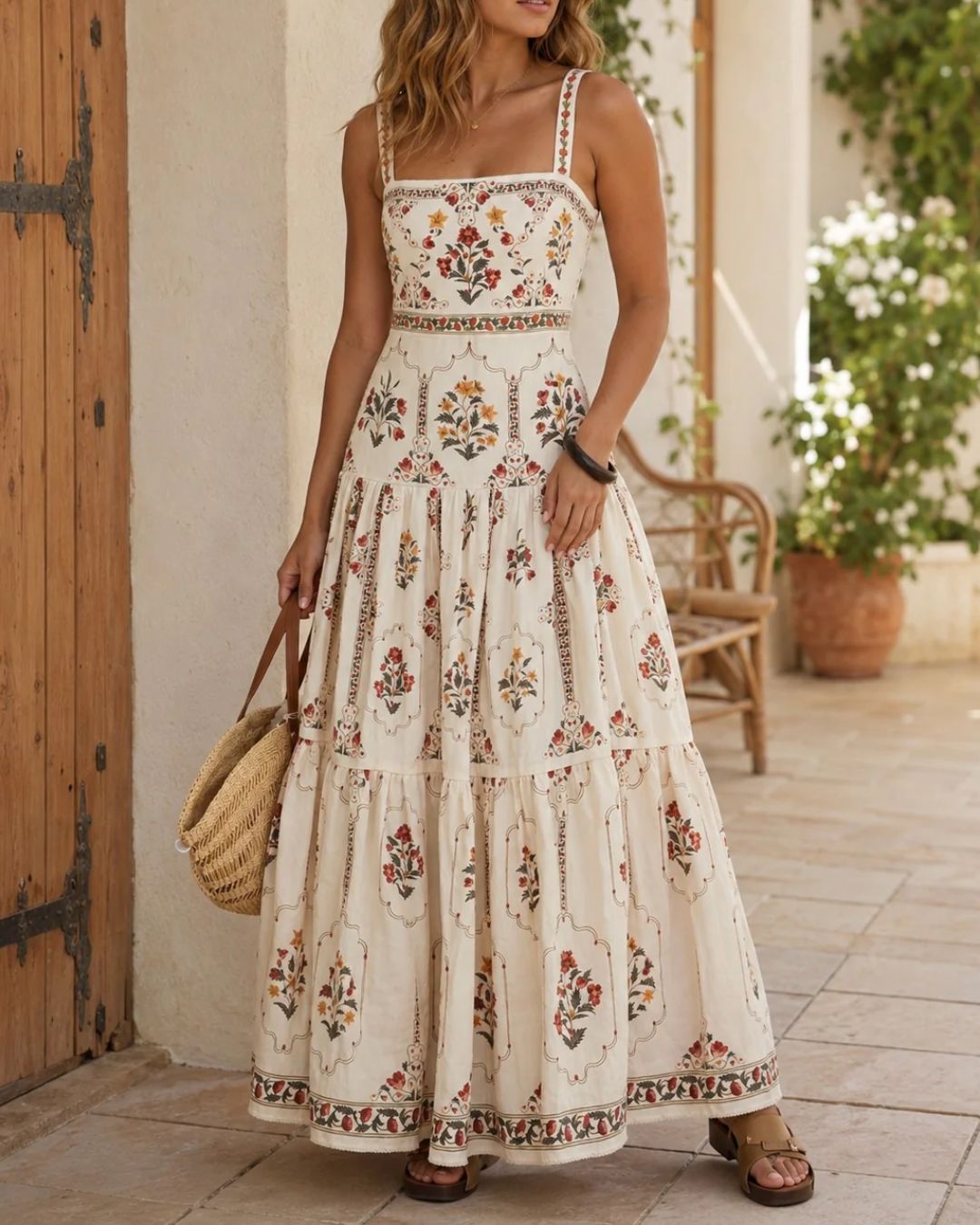 Vyla™ Manor Tiered Floral-Print Linen Maxi Dress