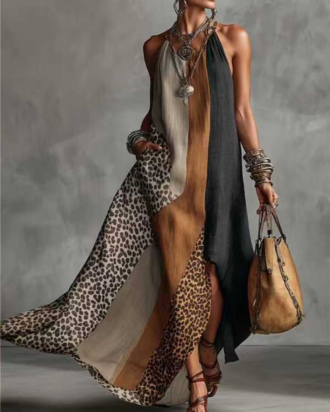 Vyla™ Loose Sleeveless Contrast Leopard Pockets Maxi Dresses
