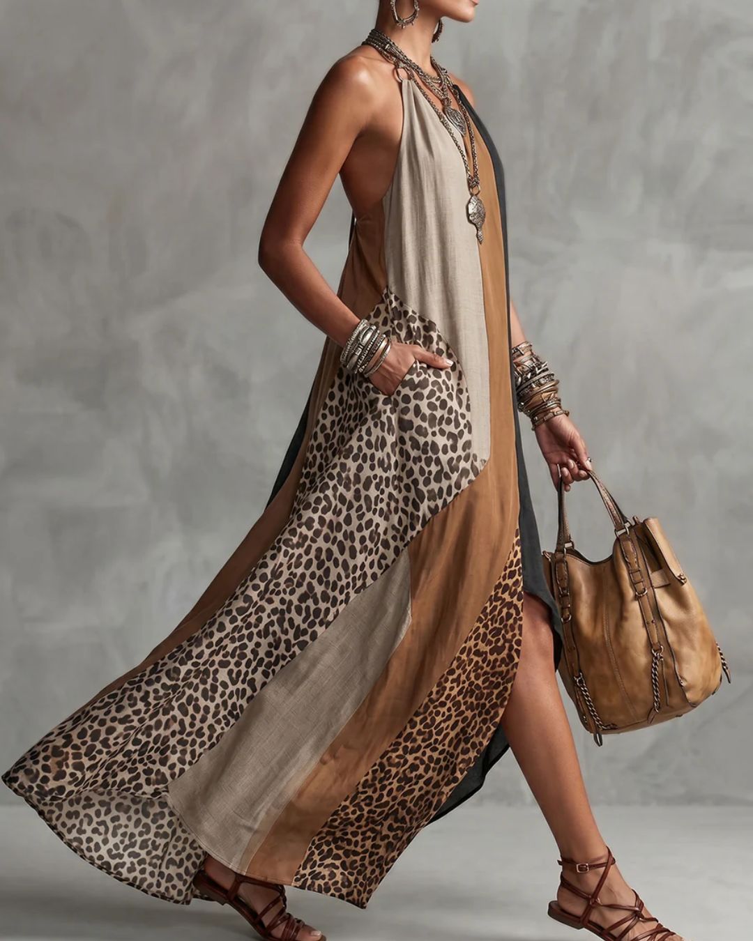 Vyla™ Loose Sleeveless Contrast Leopard Pockets Maxi Dresses