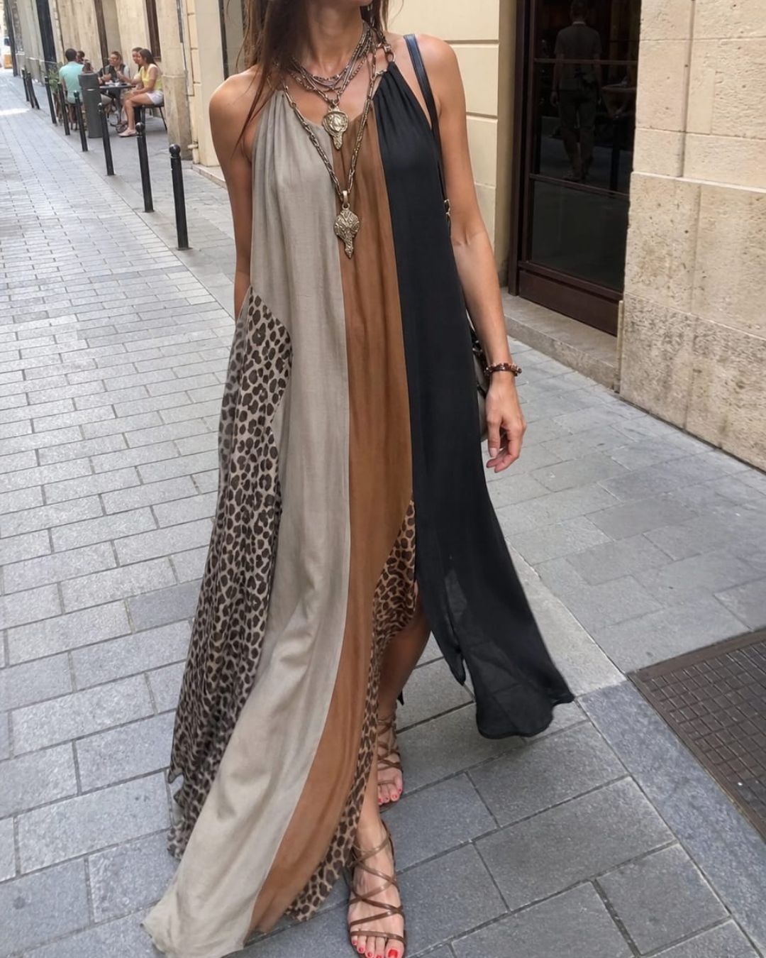 Vyla™ Loose Sleeveless Contrast Leopard Pockets Maxi Dresses