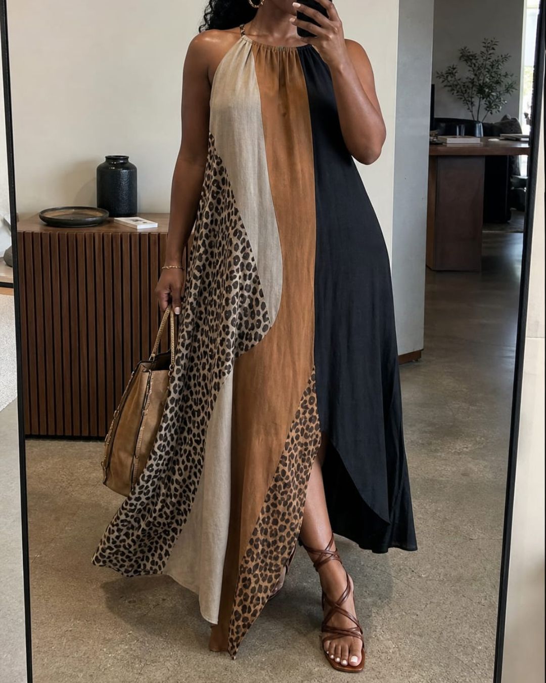 Vyla™ Loose Sleeveless Contrast Leopard Pockets Maxi Dresses