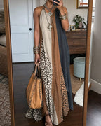 Vyla™ Loose Sleeveless Contrast Leopard Pockets Maxi Dresses