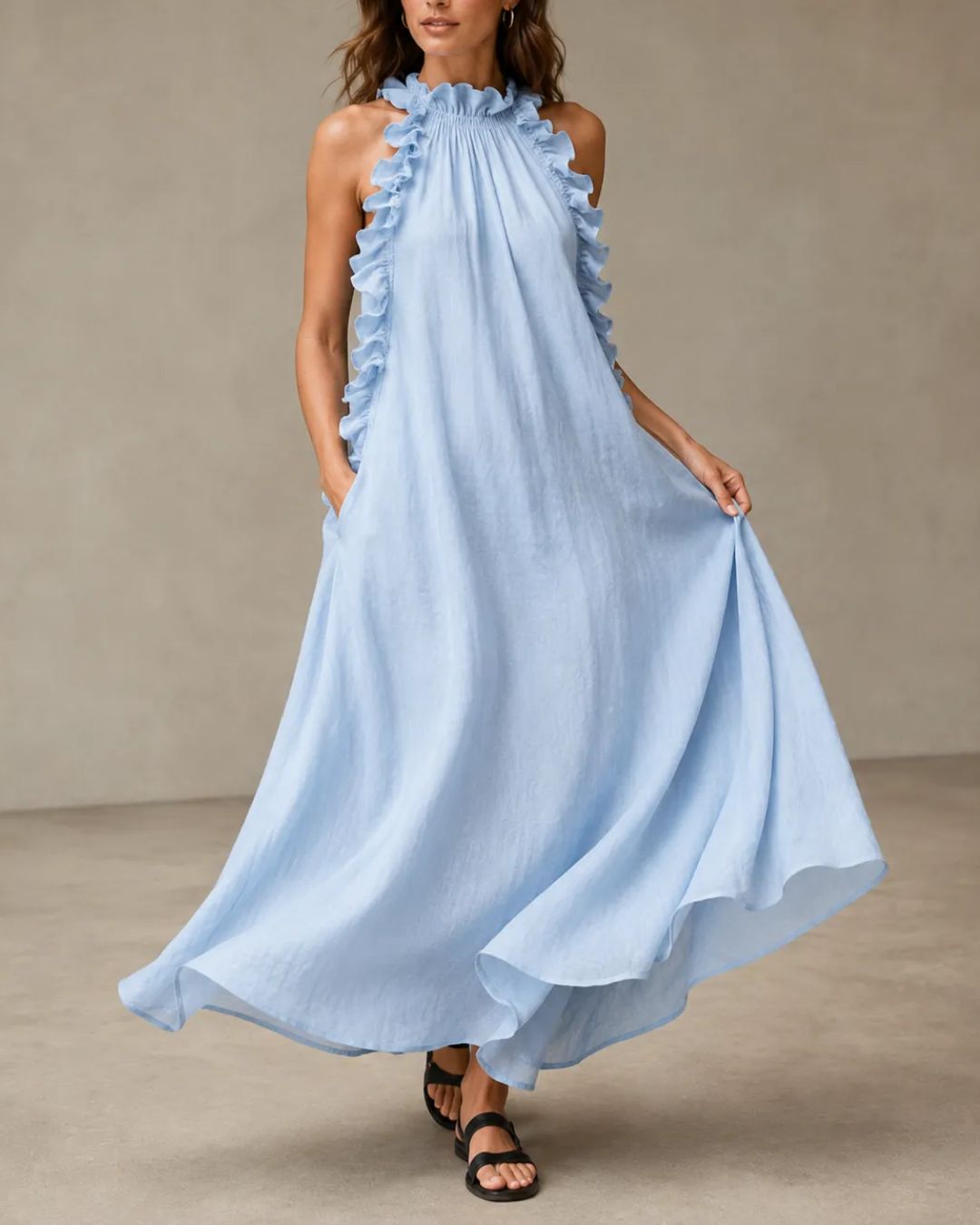 Vyla™ Breezy Halter Neck Ruffle Maxi Dress