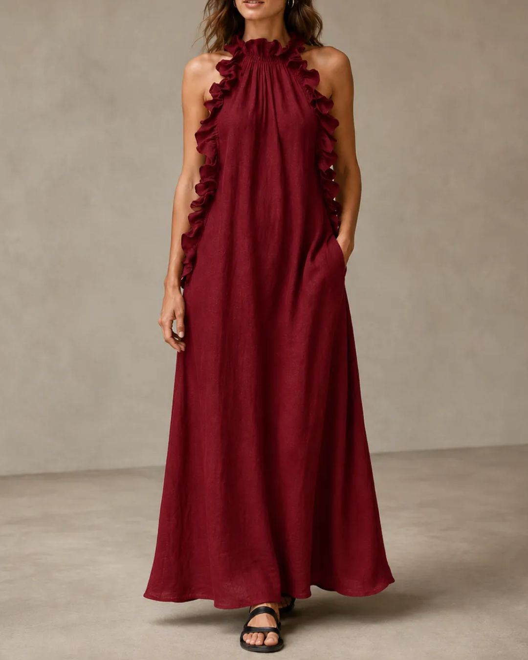 Vyla™ Breezy Halter Neck Ruffle Maxi Dress