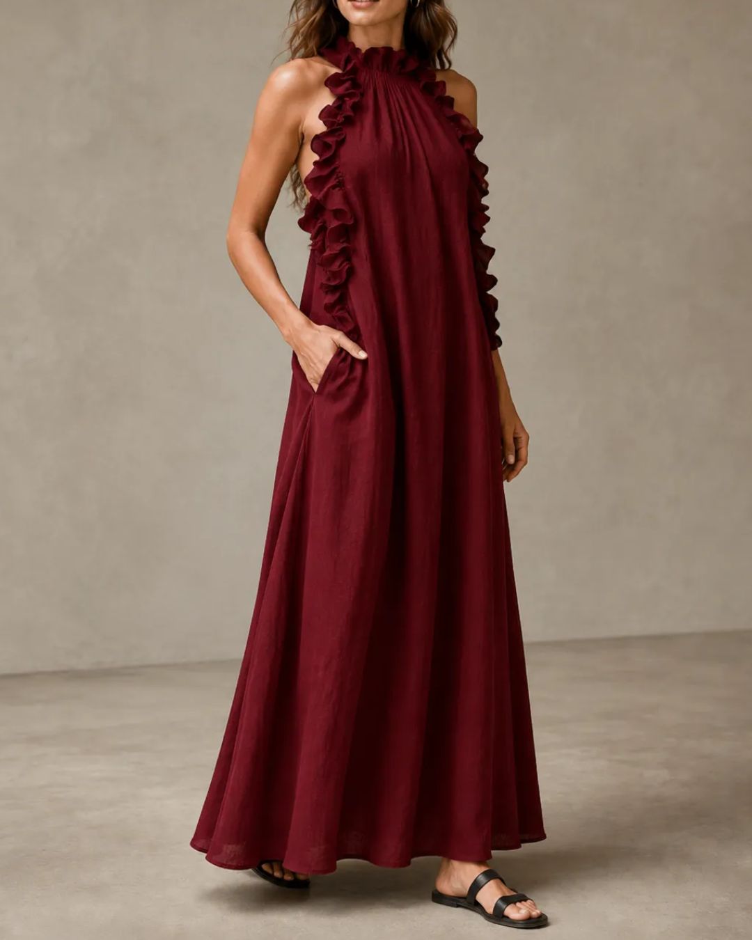 Vyla™ Breezy Halter Neck Ruffle Maxi Dress