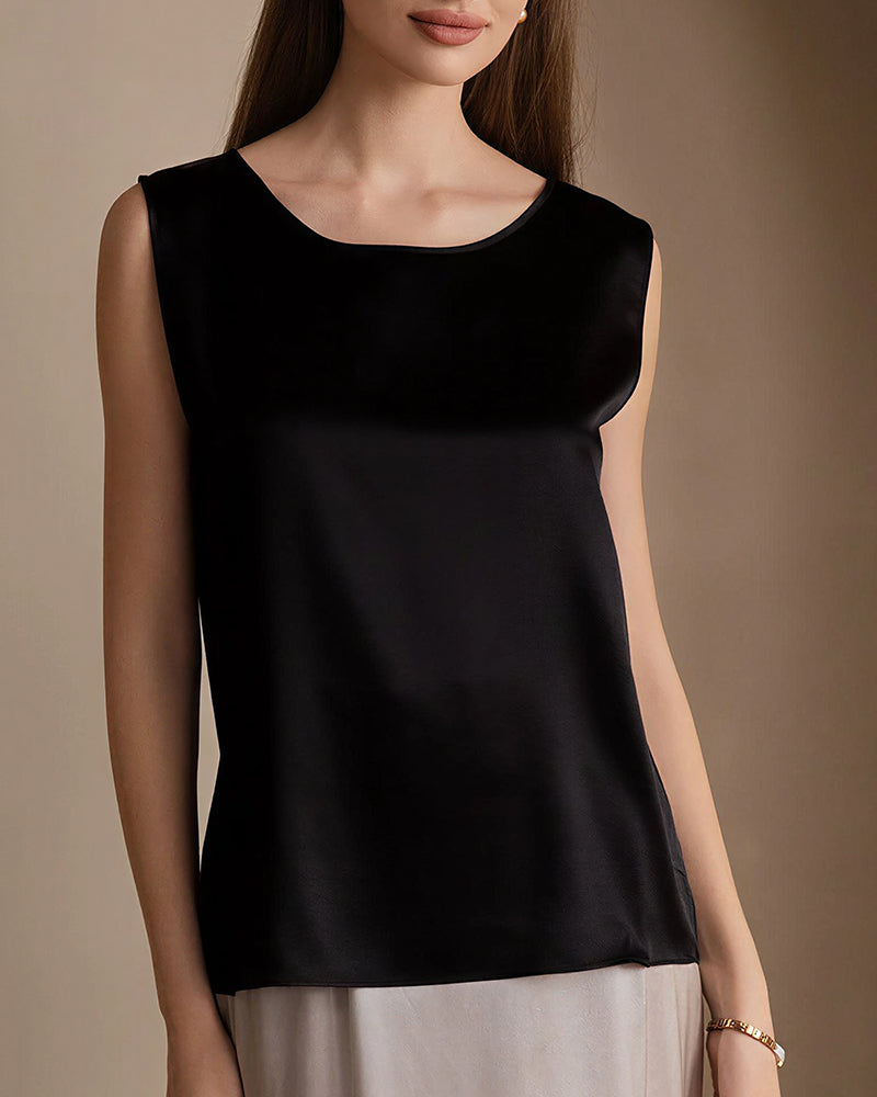 Vyla™ Luxe Satin Silk Sleeveless Blouse - Relaxed Round Neck Tank Top