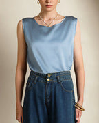 Vyla™ Luxe Satin Silk Sleeveless Blouse - Relaxed Round Neck Tank Top
