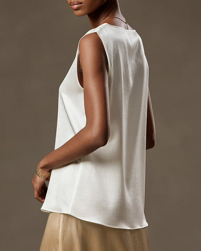 Vyla™ Luxe Satin Silk Sleeveless Blouse - Relaxed Round Neck Tank Top