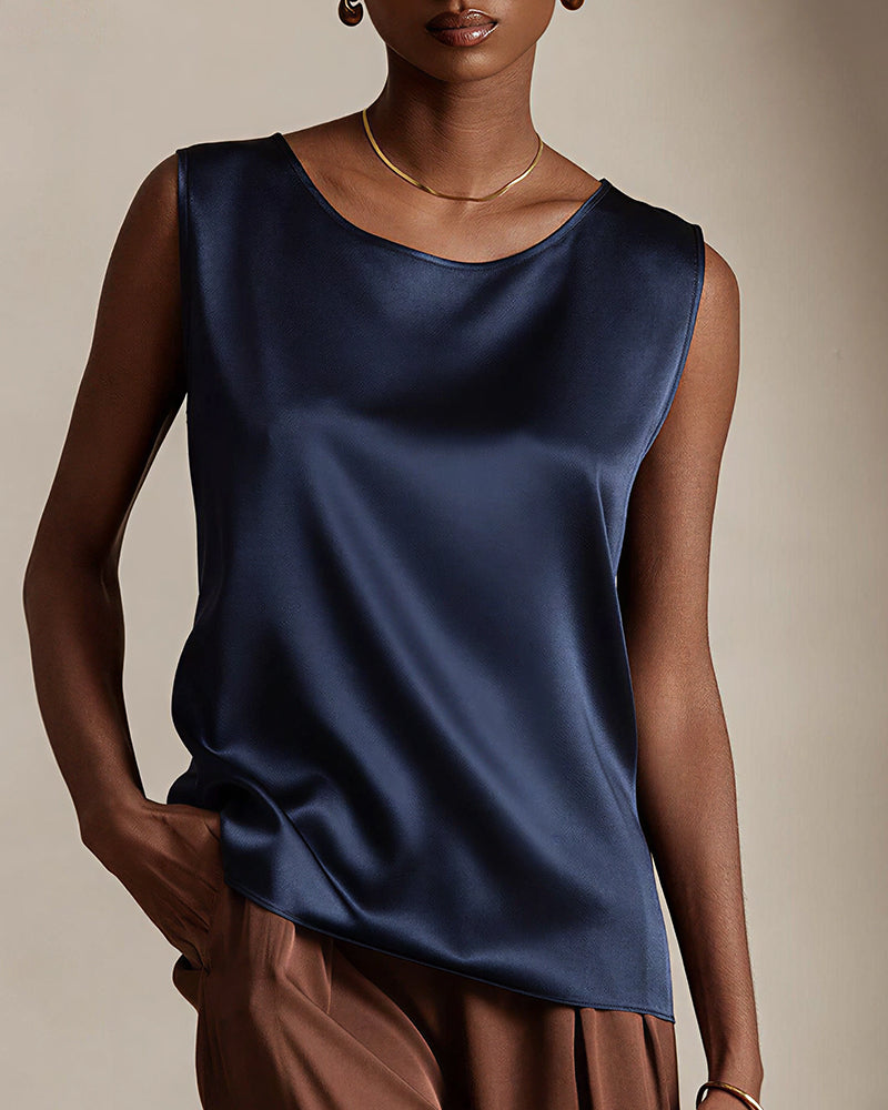 Vyla™ Luxe Satin Silk Sleeveless Blouse - Relaxed Round Neck Tank Top