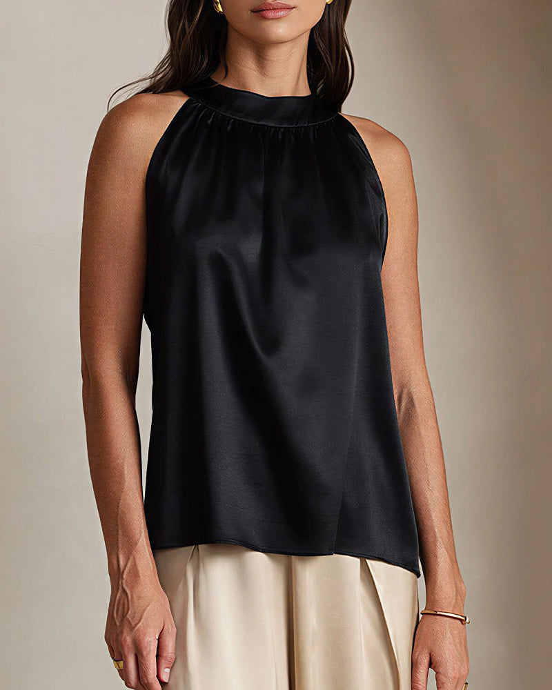 Vyla™ Silky Satin Silk Halter Neck Sleeveless Blouse