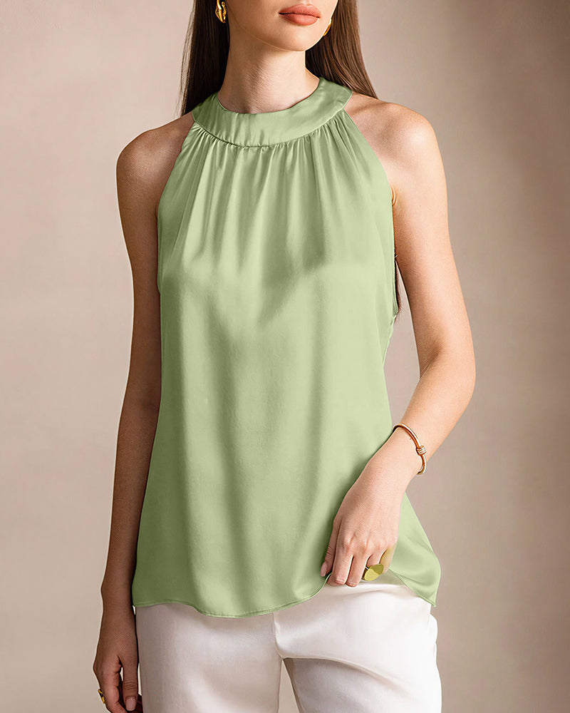 Vyla™ Silky Satin Silk Halter Neck Sleeveless Blouse