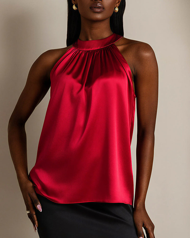 Vyla™ Silky Satin Silk Halter Neck Sleeveless Blouse