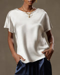 Vyla™ Satin Silk Rolled Cuff Short Sleeve Blouse Relaxed Fit Silky T-Shirt
