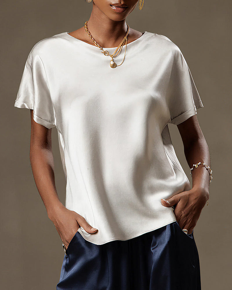 Vyla™ Satin Silk Rolled Cuff Short Sleeve Blouse Relaxed Fit Silky T-Shirt