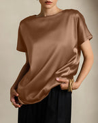 Vyla™ Satin Silk Rolled Cuff Short Sleeve Blouse Relaxed Fit Silky T-Shirt