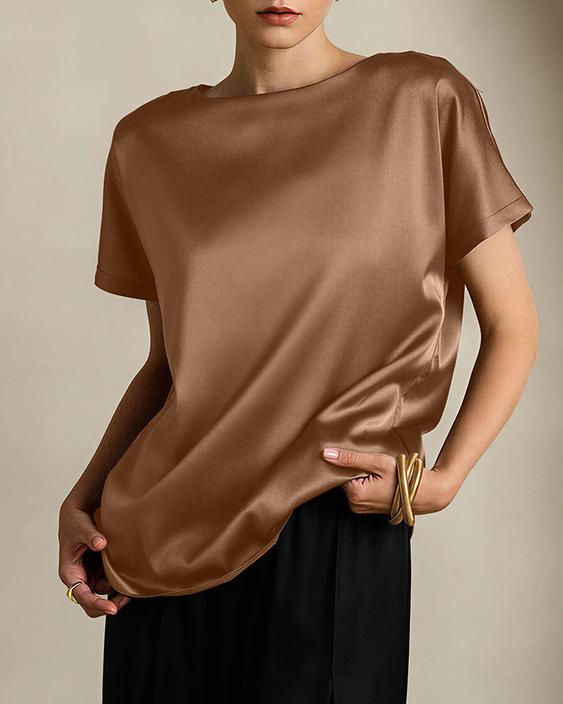 Vyla™ Satin Silk Rolled Cuff Short Sleeve Blouse Relaxed Fit Silky T-Shirt