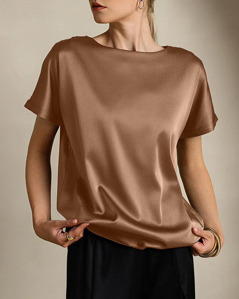 Vyla™ Satin Silk Rolled Cuff Short Sleeve Blouse Relaxed Fit Silky T-Shirt