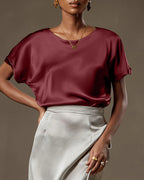 Vyla™ Satin Silk Rolled Cuff Short Sleeve Blouse Relaxed Fit Silky T-Shirt