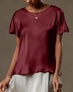 Vyla™ Satin Silk Rolled Cuff Short Sleeve Blouse Relaxed Fit Silky T-Shirt