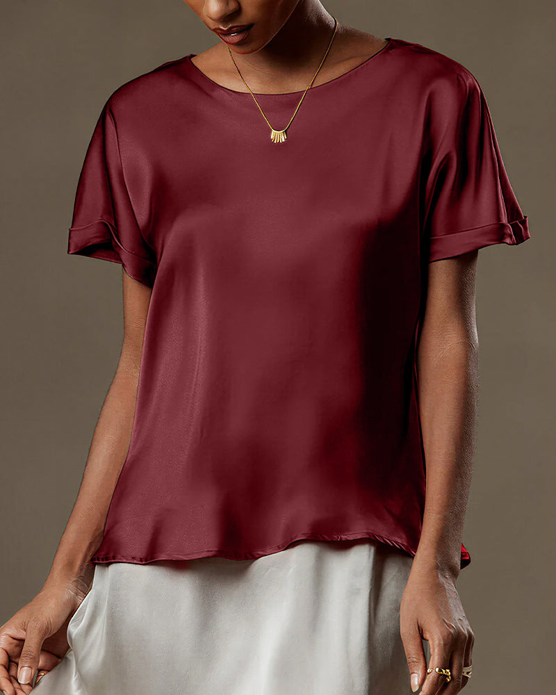 Vyla™ Satin Silk Rolled Cuff Short Sleeve Blouse Relaxed Fit Silky T-Shirt