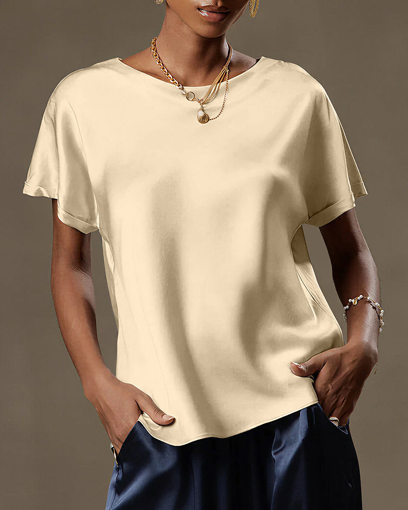 Vyla™ Satin Silk Rolled Cuff Short Sleeve Blouse Relaxed Fit Silky T-Shirt