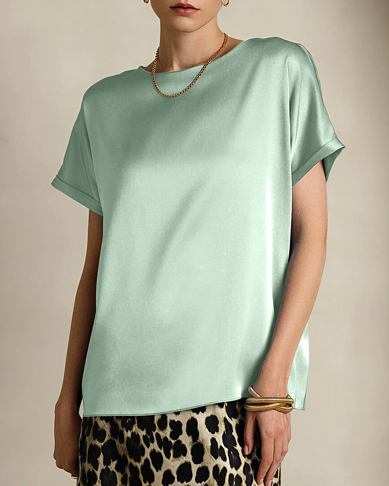 Vyla™ Satin Silk Rolled Cuff Short Sleeve Blouse Relaxed Fit Silky T-Shirt