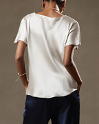 Vyla™ Satin Silk Rolled Cuff Short Sleeve Blouse Relaxed Fit Silky T-Shirt