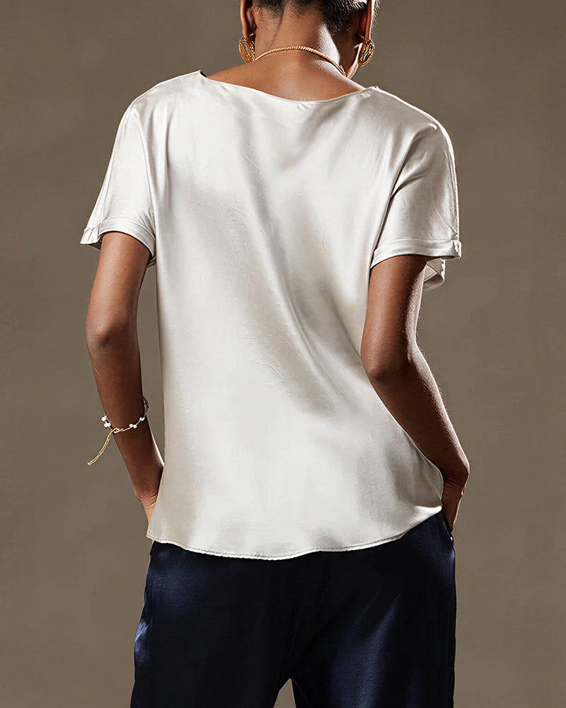 Vyla™ Satin Silk Rolled Cuff Short Sleeve Blouse Relaxed Fit Silky T-Shirt