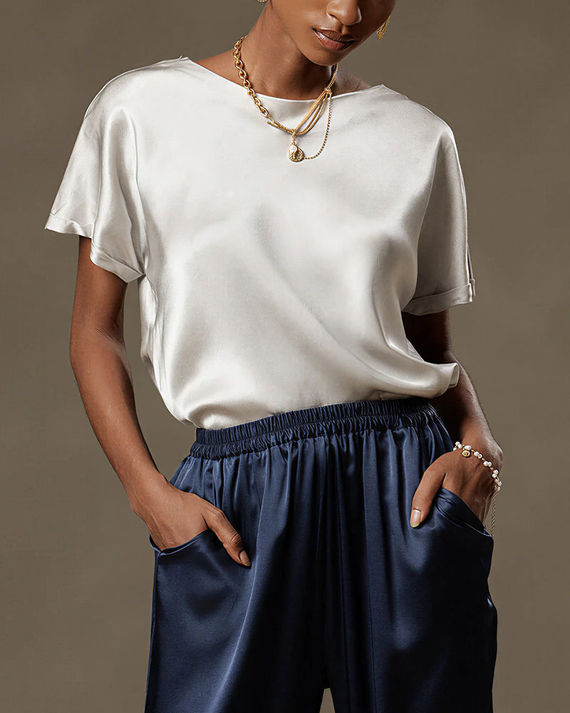 Vyla™ Satin Silk Rolled Cuff Short Sleeve Blouse Relaxed Fit Silky T-Shirt