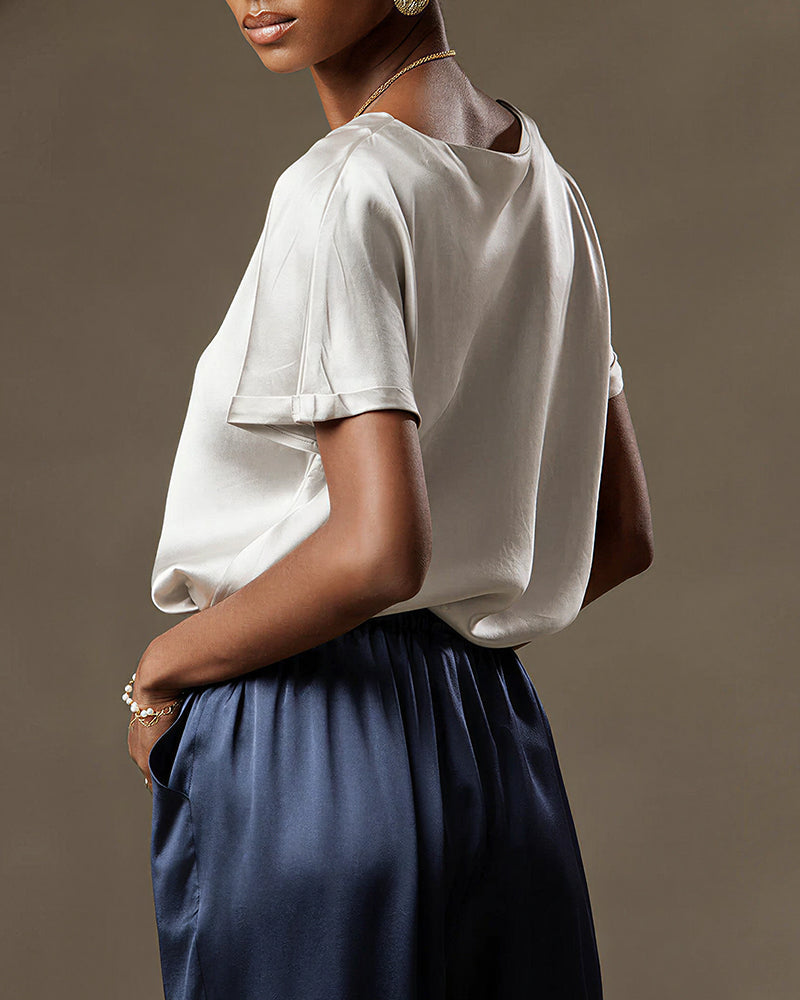 Vyla™ Satin Silk Rolled Cuff Short Sleeve Blouse Relaxed Fit Silky T-Shirt