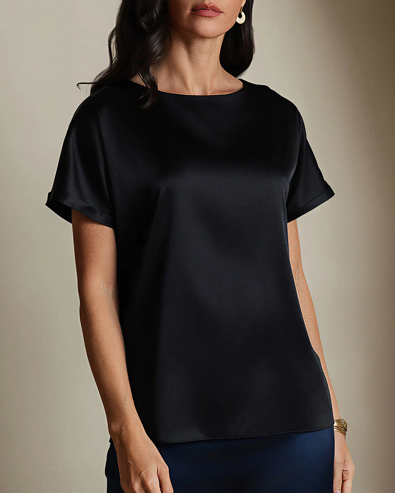 Vyla™ Satin Silk Rolled Cuff Short Sleeve Blouse Relaxed Fit Silky T-Shirt