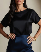 Vyla™ Satin Silk Rolled Cuff Short Sleeve Blouse Relaxed Fit Silky T-Shirt