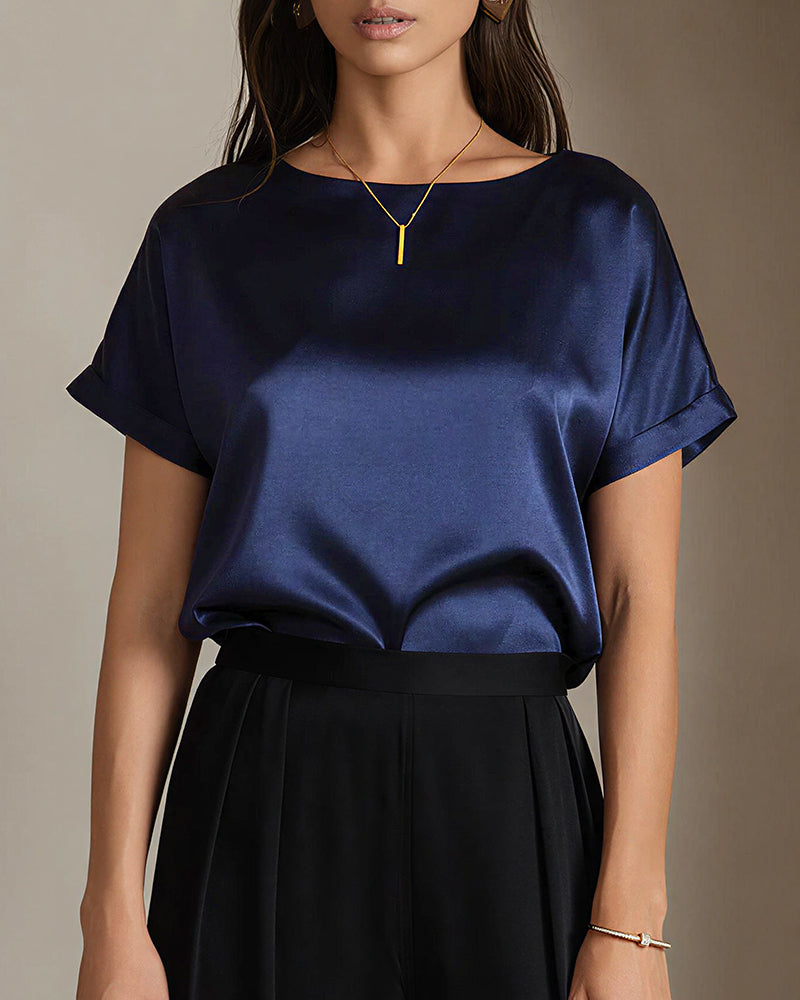 Vyla™ Satin Silk Rolled Cuff Short Sleeve Blouse Relaxed Fit Silky T-Shirt