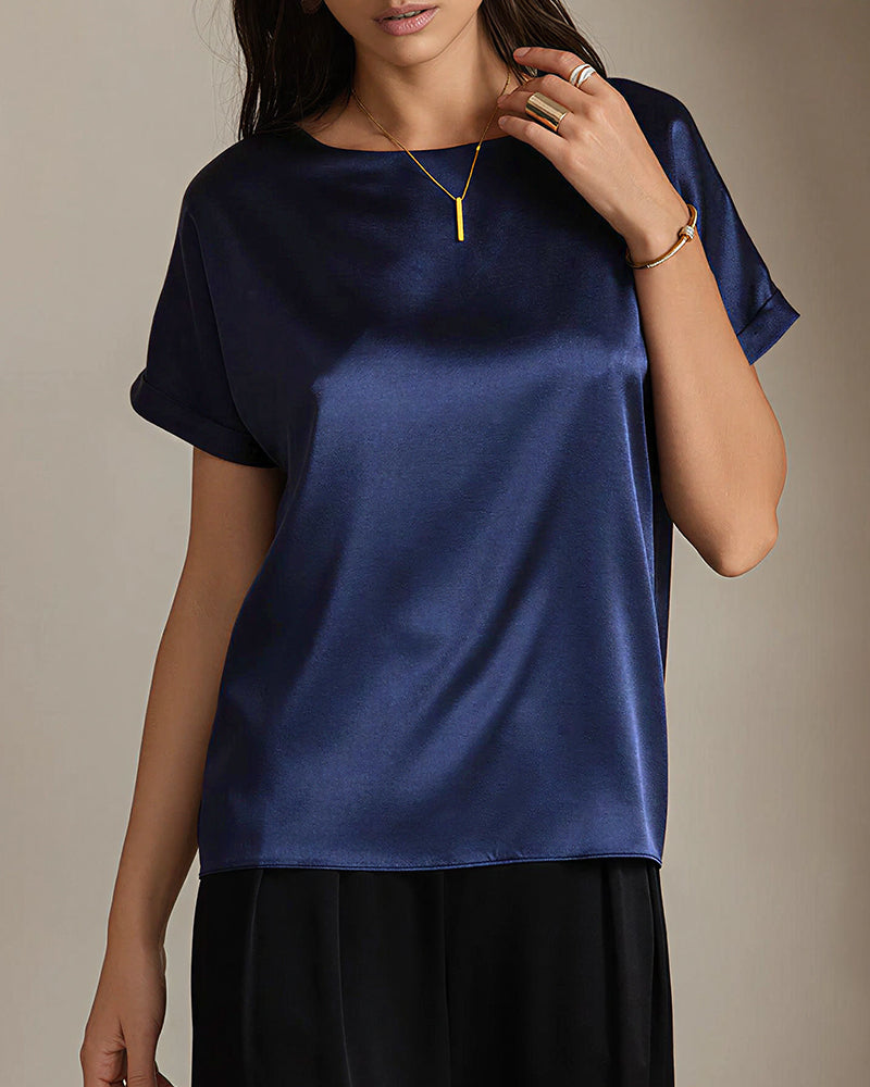 Vyla™ Satin Silk Rolled Cuff Short Sleeve Blouse Relaxed Fit Silky T-Shirt