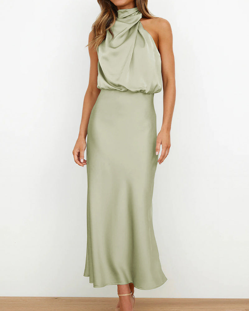 Vyla™ Elegant High-Neck Draped Satin Midi Dress