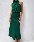 Vyla™ Elegant High-Neck Draped Satin Midi Dress