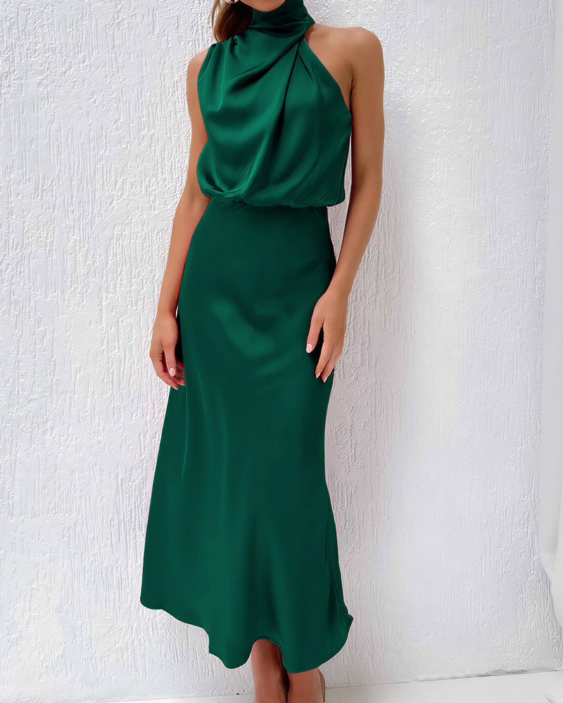 Vyla™ Elegant High-Neck Draped Satin Midi Dress