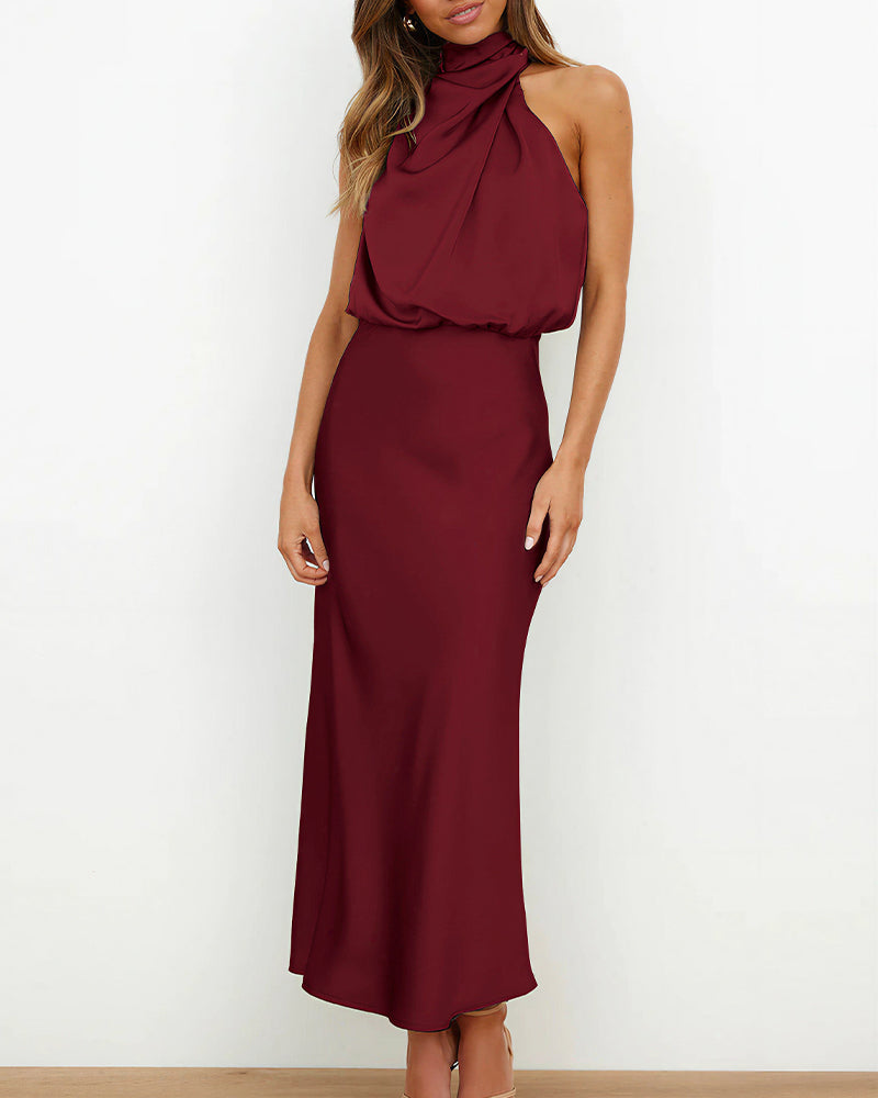 Vyla™ Elegant High-Neck Draped Satin Midi Dress