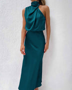 Vyla™ Elegant High-Neck Draped Satin Midi Dress