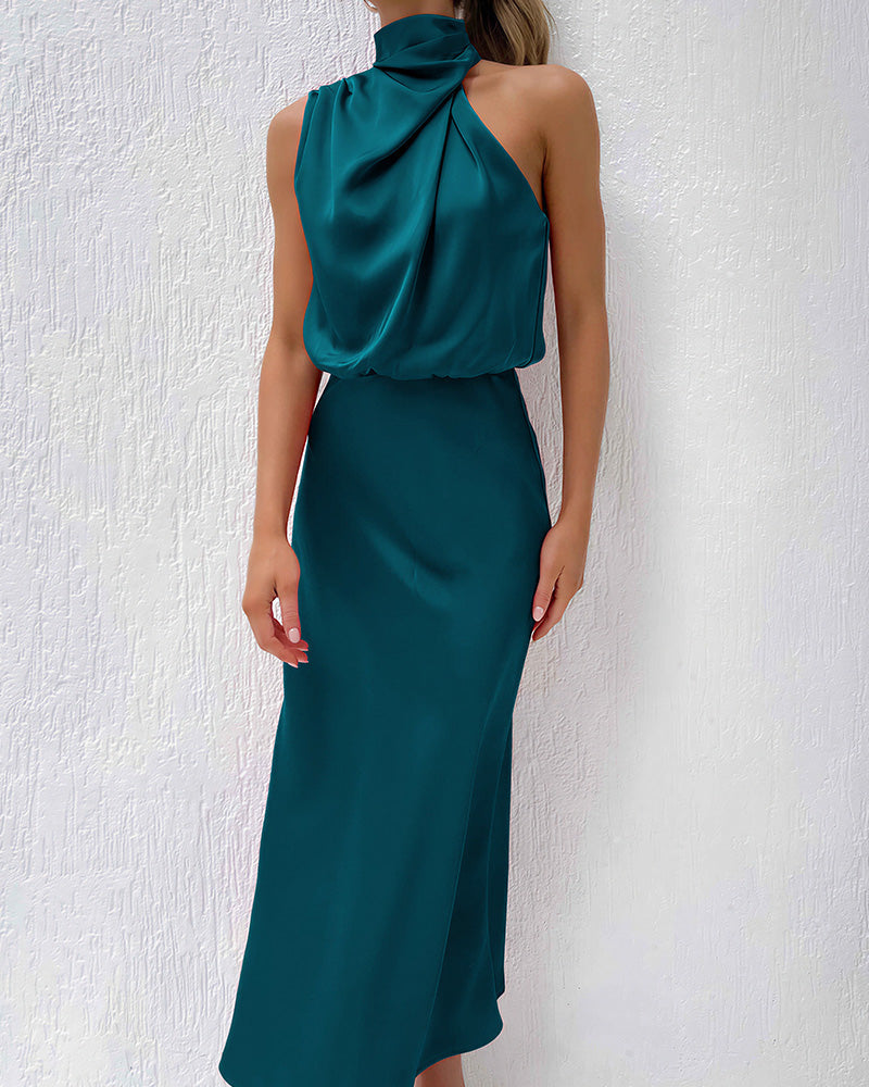 Vyla™ Elegant High-Neck Draped Satin Midi Dress