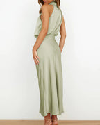 Vyla™ Elegant High-Neck Draped Satin Midi Dress